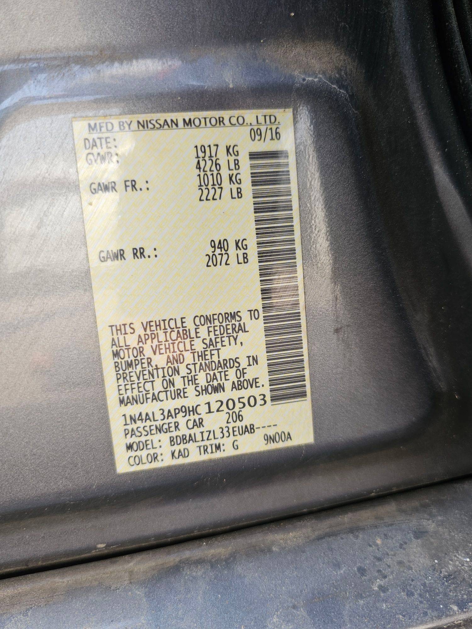 2017 NISSAN ALTIMA — 198360 Miles — Lot C120503 — Souq - Marhaba Auctions Used Cars - Image 9