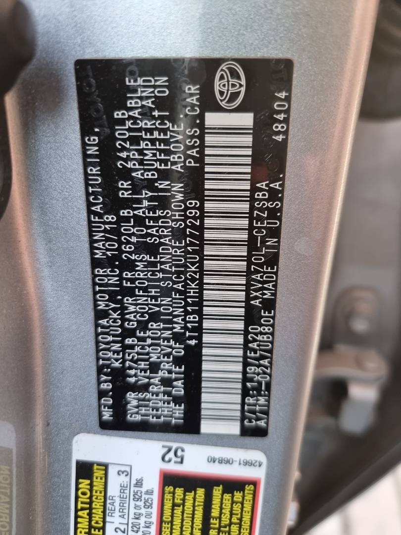 2019 TOYOTA CAMRY — 105388 Miles — Lot 124578 — Ind. 12 - Marhaba Auctions Used Cars - Image 10