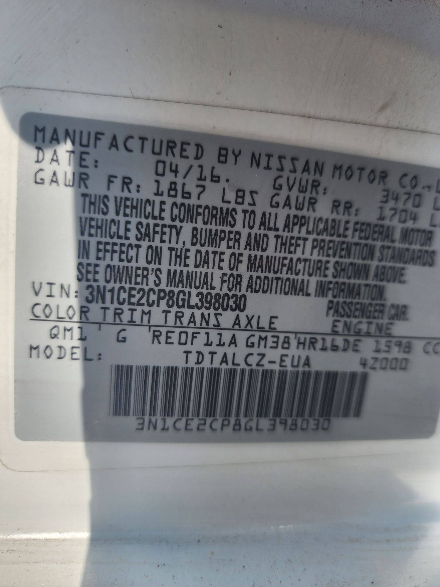 2016 NISSAN VERSA NOTE — 188667 Miles — Lot 67679553 - Marhaba Auctions Used Cars - Image 3
