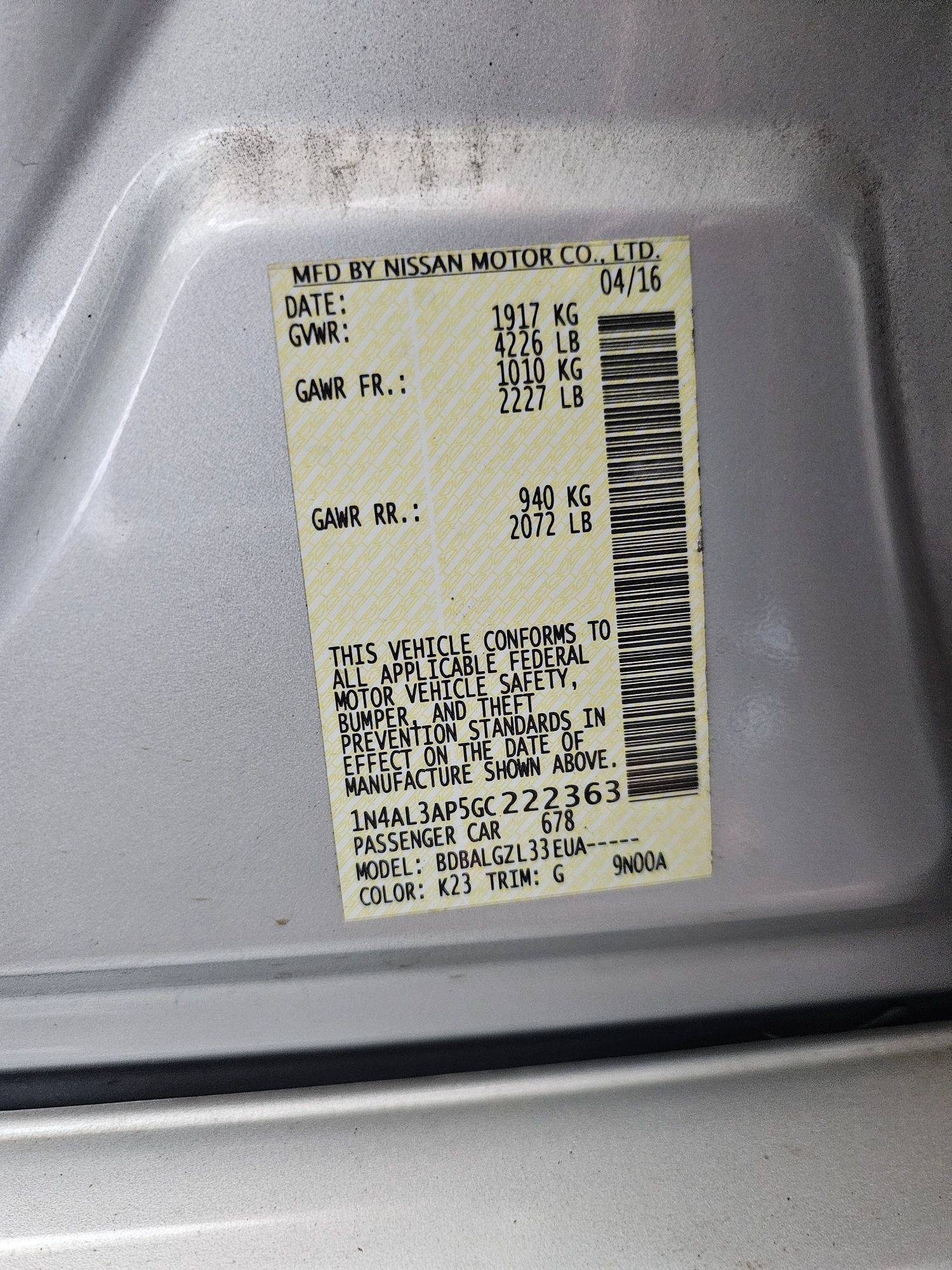 2016 NISSAN ALTIMA — 189817 Miles — Lot P5GC222363 — Souq - Marhaba Auctions Used Cars - Image 9