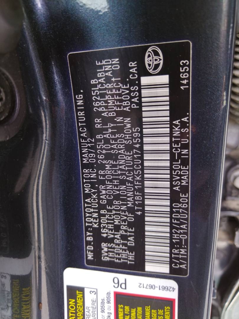 2012 TOYOTA CAMRY — 179593 Miles — Lot U174595 - Marhaba Auctions Used Cars - Image 7