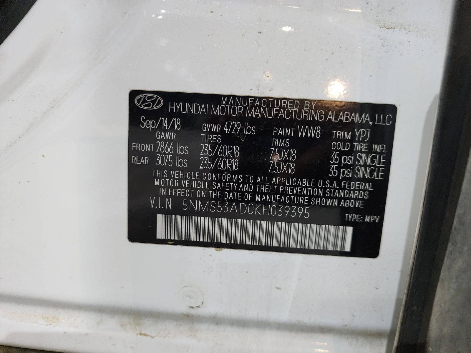 2019 HYUNDAI SANTA FE — 129475 Miles — Lot 39395 — Al Quoz - Marhaba Auctions Used Cars - Image 10
