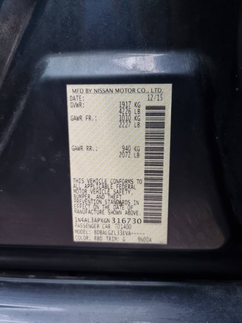 2016 NISSAN ALTIMA — 122298 Miles — Lot 125487 — Ind. 12 - Marhaba Auctions Used Cars - Image 9
