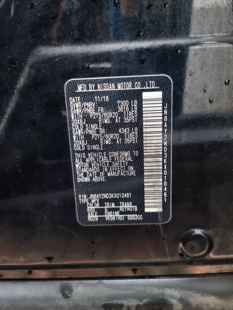 2019 NISSAN ARMADA — 145721 Miles — Lot 10461 — Ind. 12 - Marhaba Auctions Used Cars - Image 9