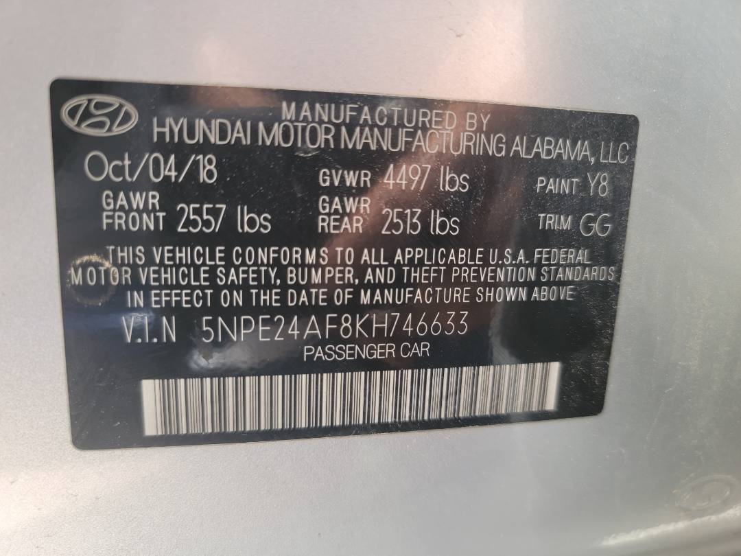 2019 HYUNDAI SONATA — 144010 Miles — Lot F8KH746633 — Ind. 12 - Marhaba Auctions Used Cars - Image 4