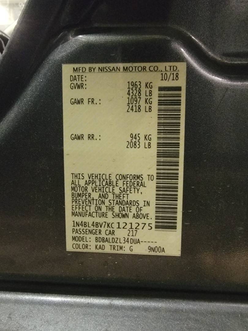 2019 NISSAN ALTIMA — 135144 Miles — Lot KC121275 — Main - Marhaba Auctions Used Cars - Image 9