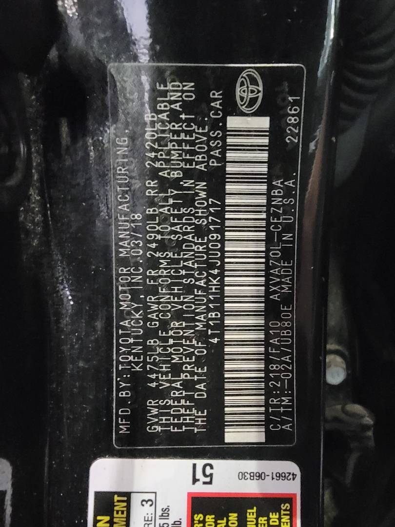 2018 TOYOTA CAMRY — 0 Miles — Lot U091717 — Main - Marhaba Auctions Used Cars - Image 9
