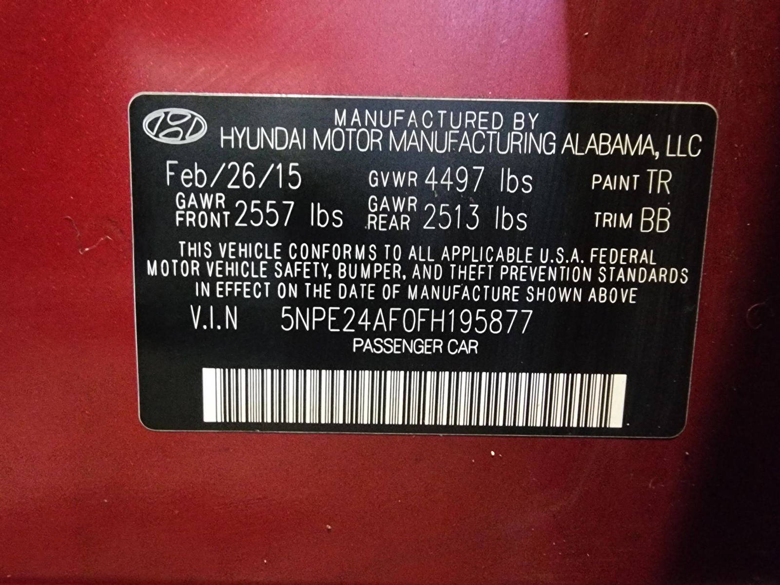 2015 HYUNDAI SONATA — 188836 Miles — Lot 95877 — Al Quoz - Marhaba Auctions Used Cars - Image 10