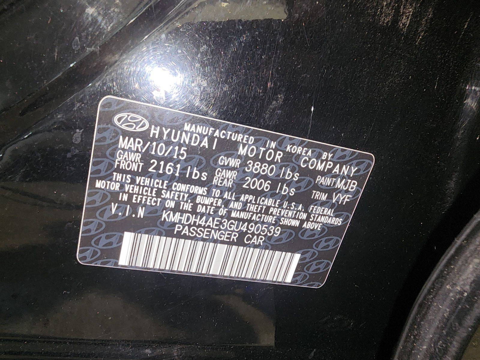 2016 HYUNDAI ELANTRA — 153669 Miles — Lot U490539 — Al Quoz - Marhaba Auctions Used Cars - Image 11