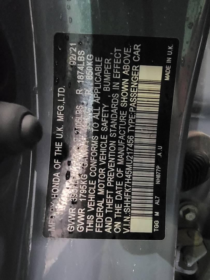 2021 HONDA CIVIC — 112610 Miles — Lot U217456 — Main - Marhaba Auctions Used Cars - Image 9