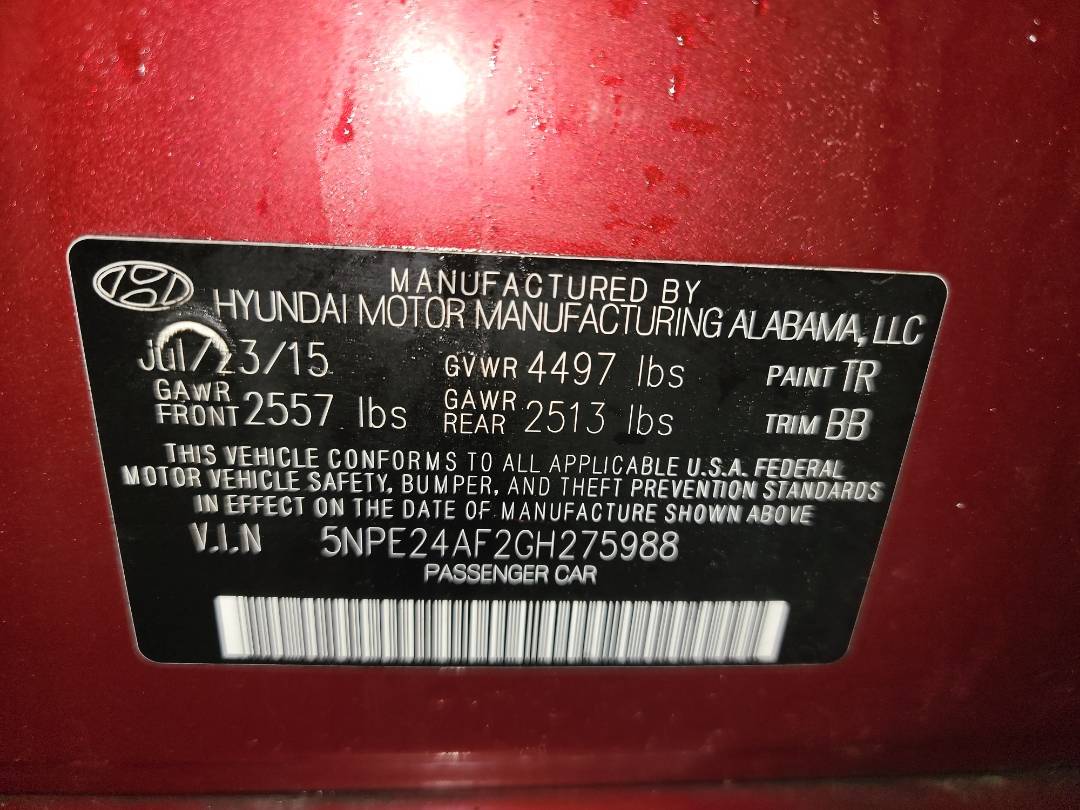 2016 HYUNDAI SONATA — 132874 Miles — Lot GH275988 - Marhaba Auctions Used Cars - Image 10