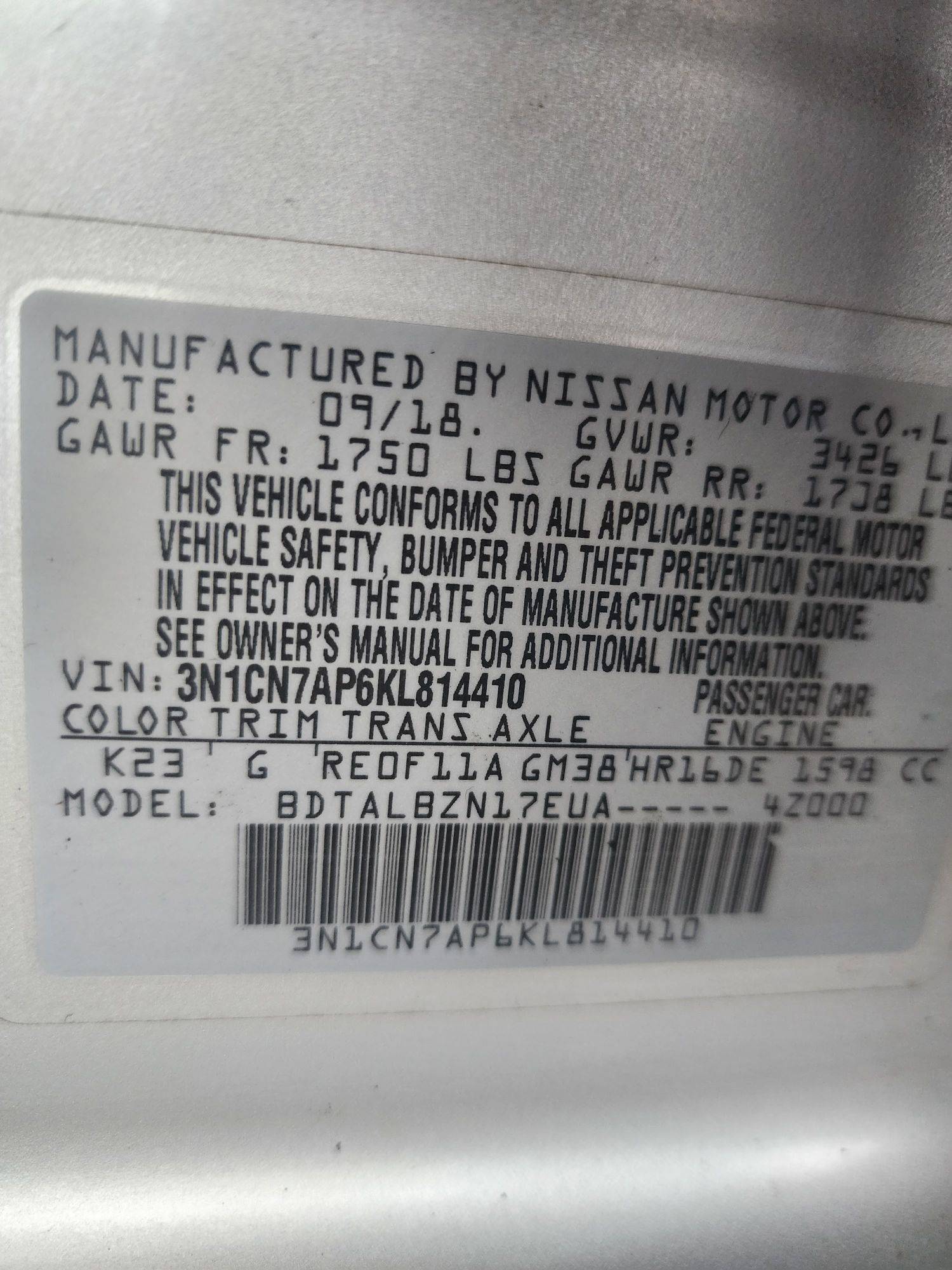 2019 NISSAN VERSA — 199176 Miles — Lot 62295703 - Marhaba Auctions Used Cars - Image 3