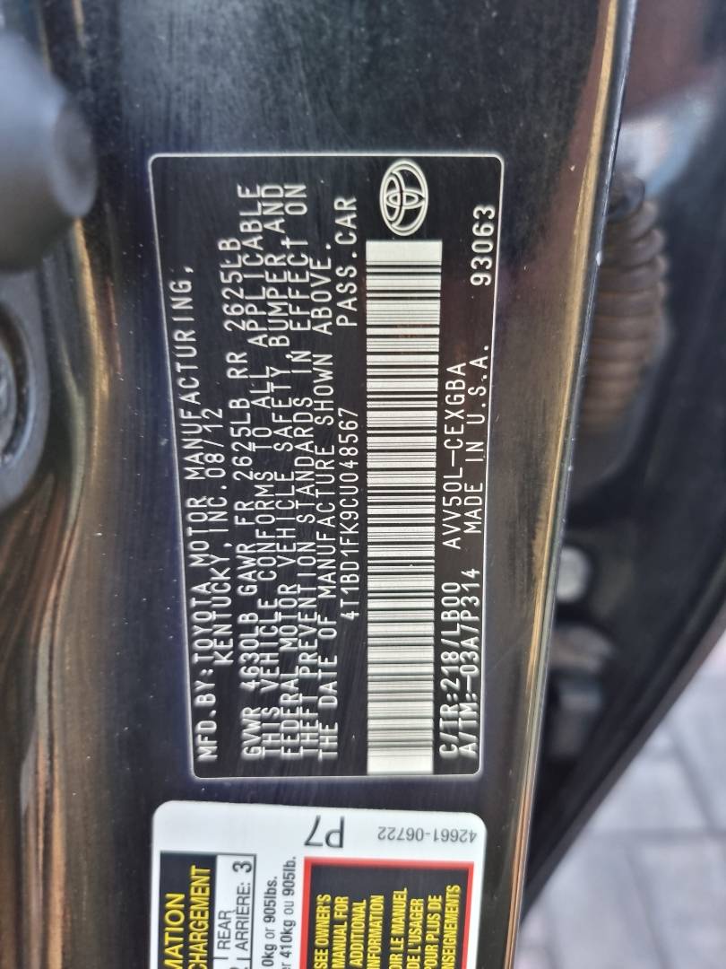 2012 TOYOTA CAMRY — 208315 Miles — Lot 48567 — Ind. 12 - Marhaba Auctions Used Cars - Image 8