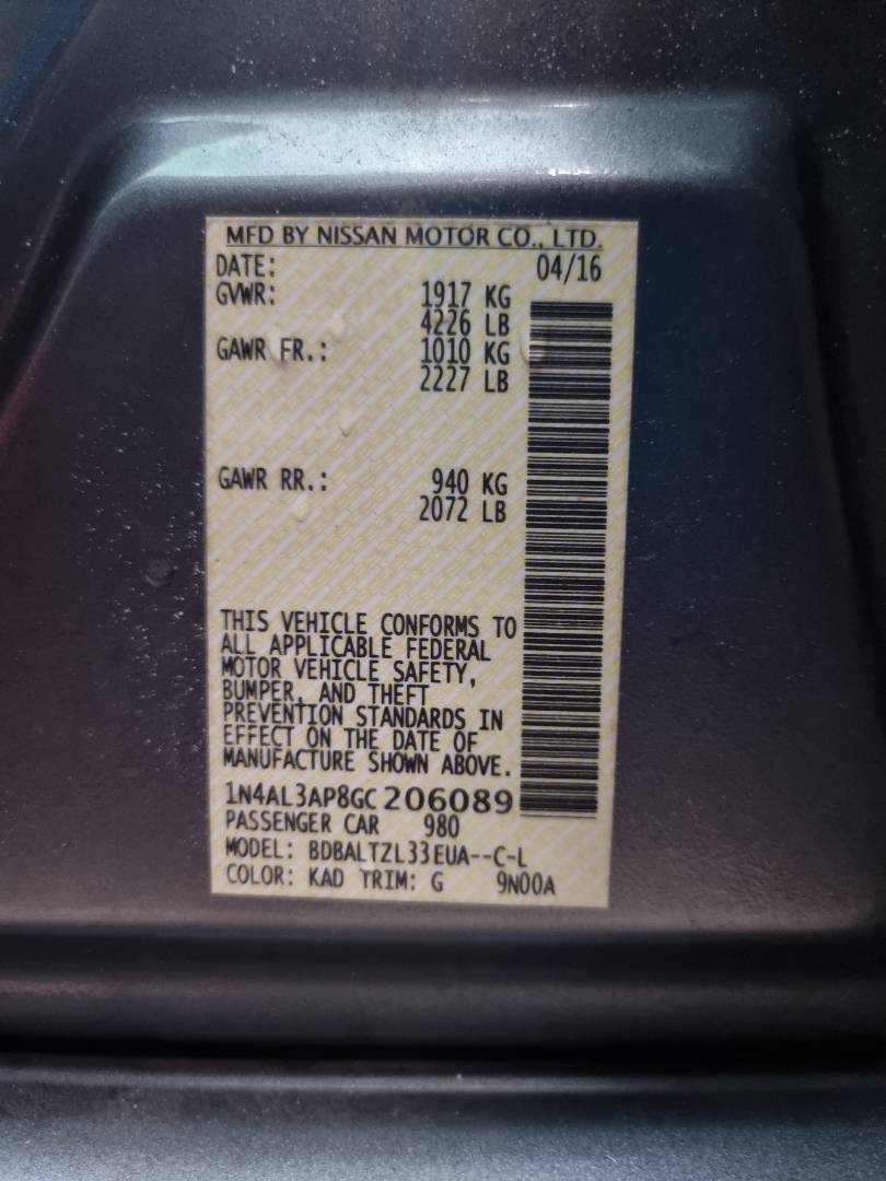 2016 NISSAN ALTIMA — 178587 Miles — Lot 206089 — Ind. 12 - Marhaba Auctions Used Cars - Image 10