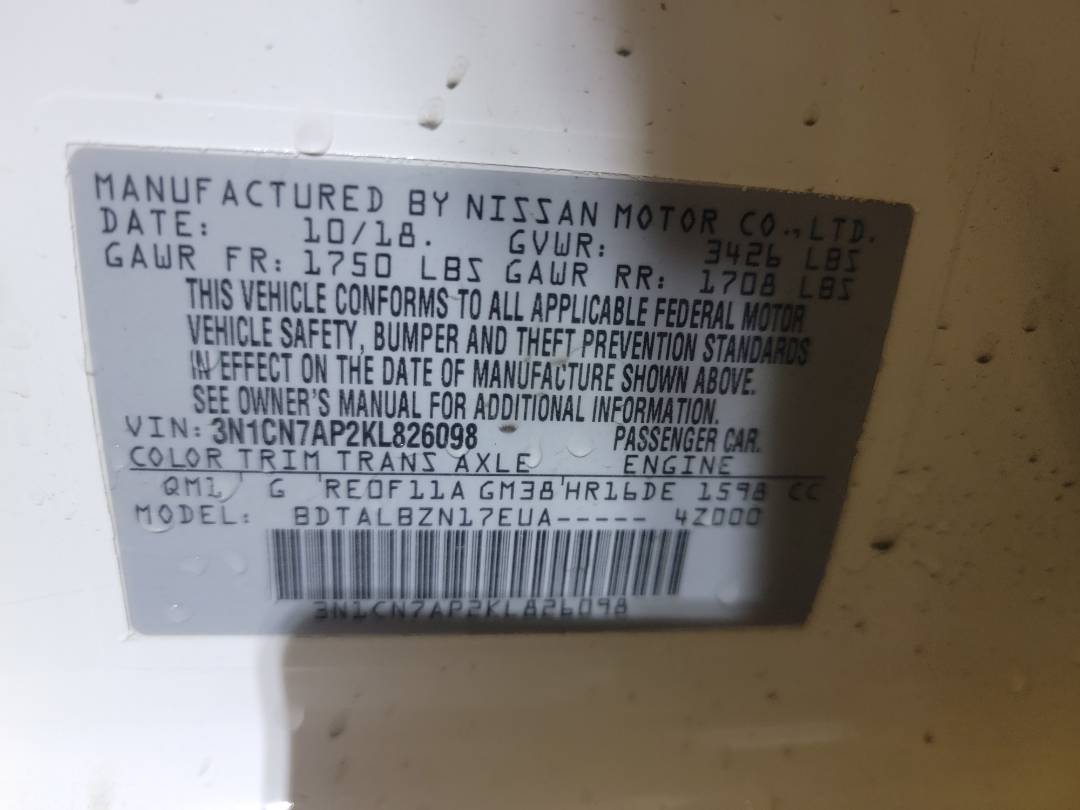 2019 NISSAN VERSA — 53464 Miles — Lot KL826098 - Marhaba Auctions Used Cars - Image 9