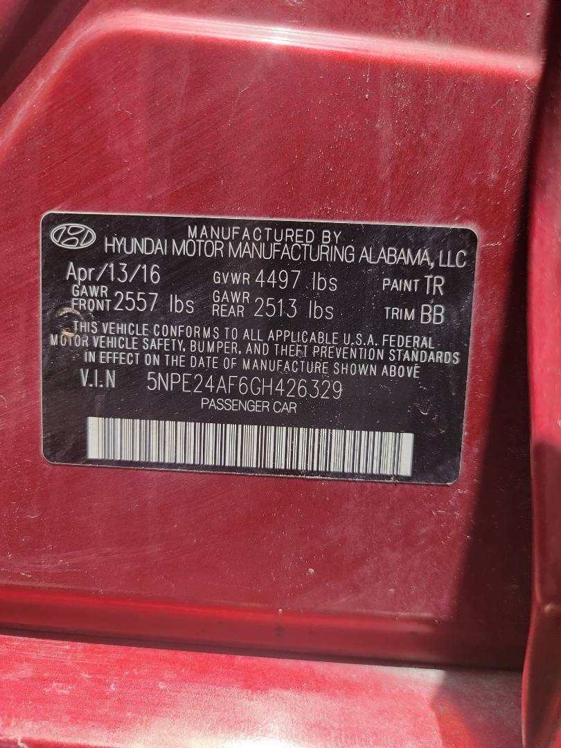 2016 HYUNDAI SONATA — 86033 Miles — Lot H426329 — Ind. 12 - Marhaba Auctions Used Cars - Image 3