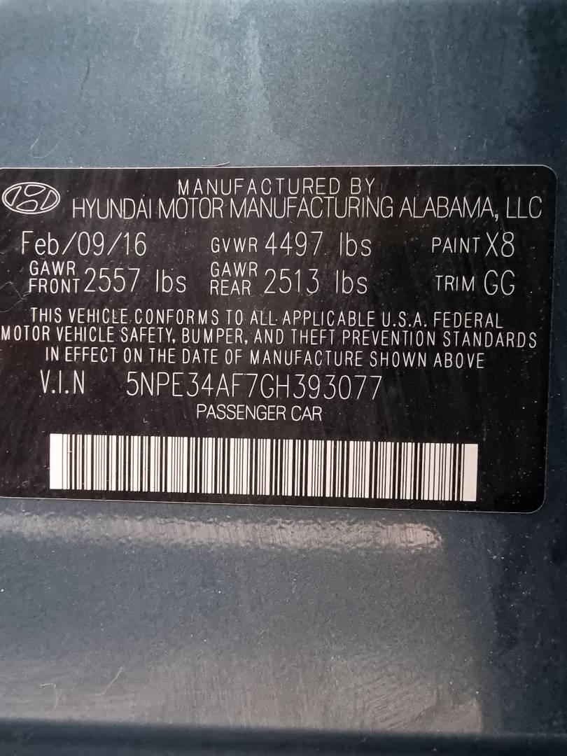 2016 HYUNDAI SONATA — 95469 Miles — Lot H393077 — Ind. 12 - Marhaba Auctions Used Cars - Image 9