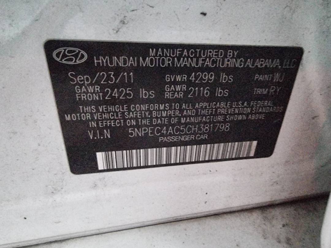 2012 HYUNDAI SONATA — 136574 Miles — Lot H381798 — Ind. 12 - Marhaba Auctions Used Cars - Image 9