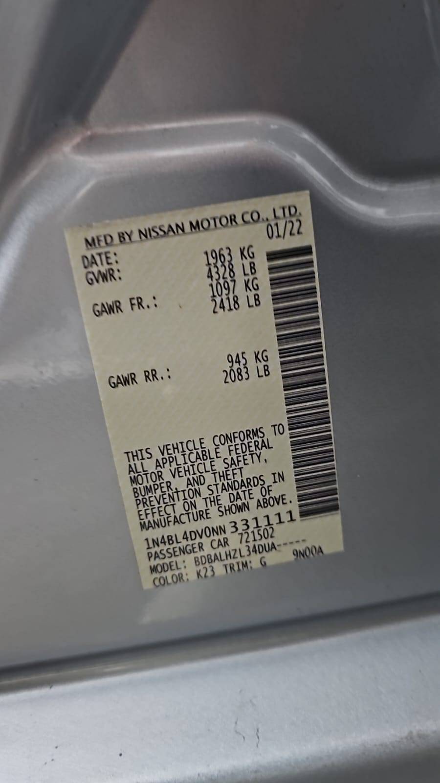 2022 NISSAN ALTIMA — 55804 Miles — Lot V0NN331111 — Souq - Marhaba Auctions Used Cars - Image 7