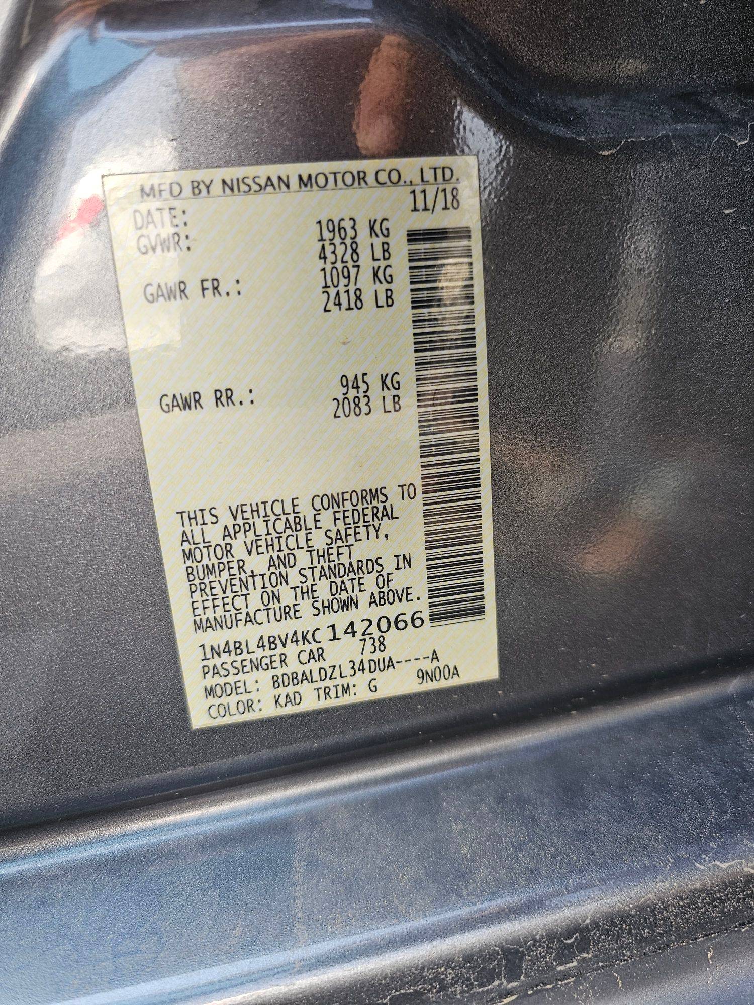 2019 NISSAN ALTIMA — 289574 KM — Lot 4KC142066 — Souq - Marhaba Auctions Used Cars - Image 9