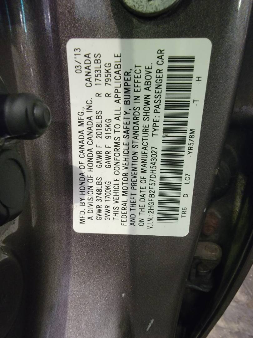 2013 HONDA CIVIC — 172683 Miles — Lot DH543027 — Main - Marhaba Auctions Used Cars - Image 9