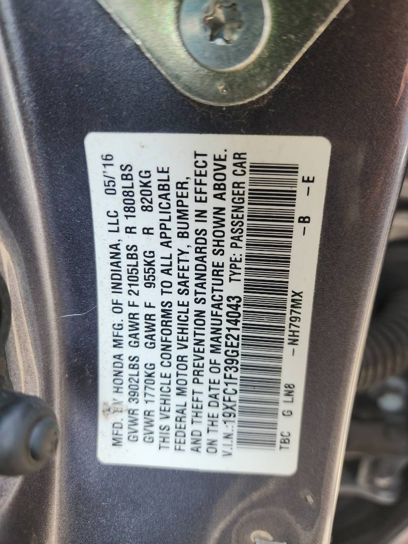 2016 HONDA CIVIC — 243766 Miles — Lot 44978644 — Souq - Marhaba Auctions Used Cars - Image 5