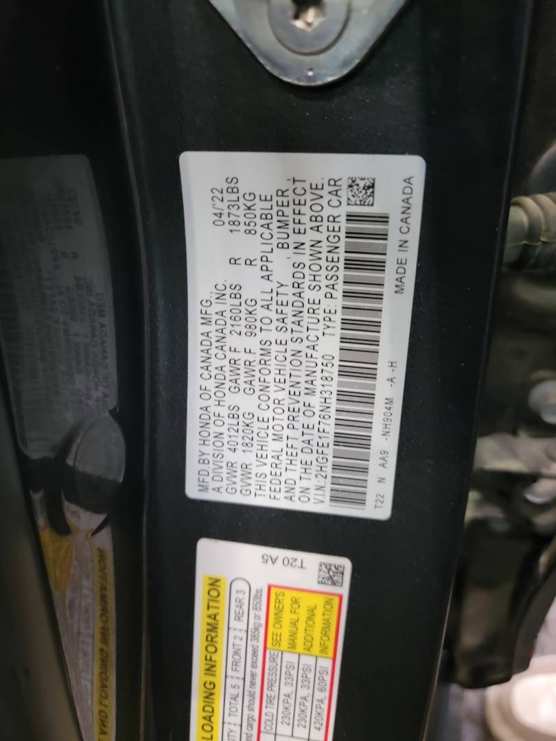 2022 HONDA CIVIC — 23792 Miles — Lot NH318750 — Main - Marhaba Auctions Used Cars - Image 10