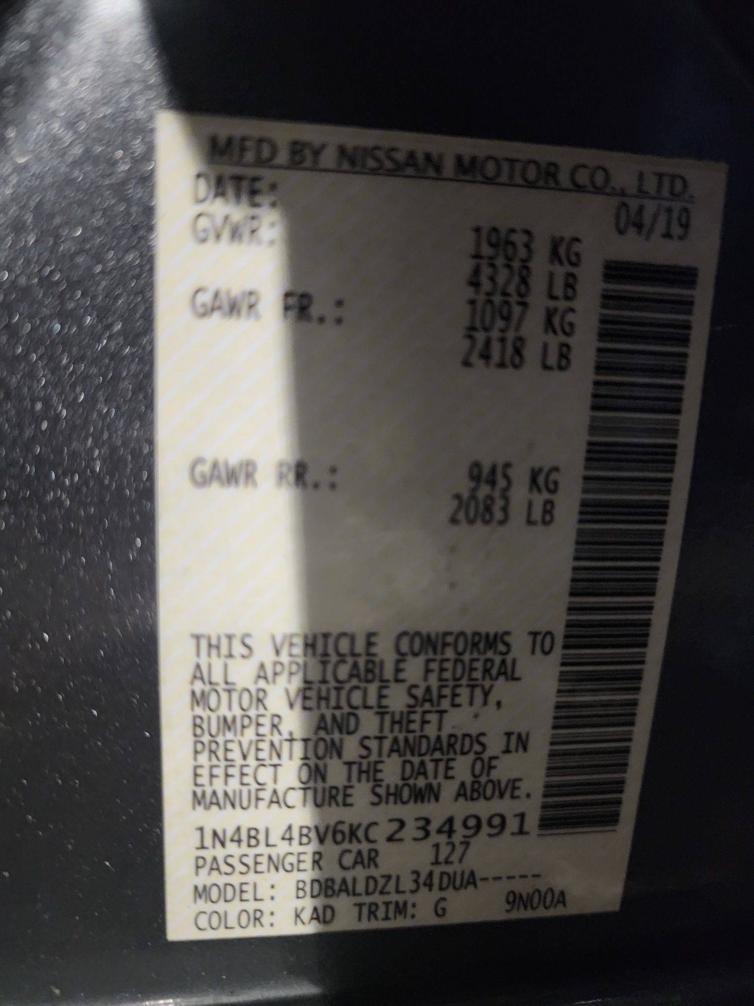 2019 NISSAN ALTIMA — 68575 Miles — Lot KC234991 - Marhaba Auctions Used Cars - Image 3