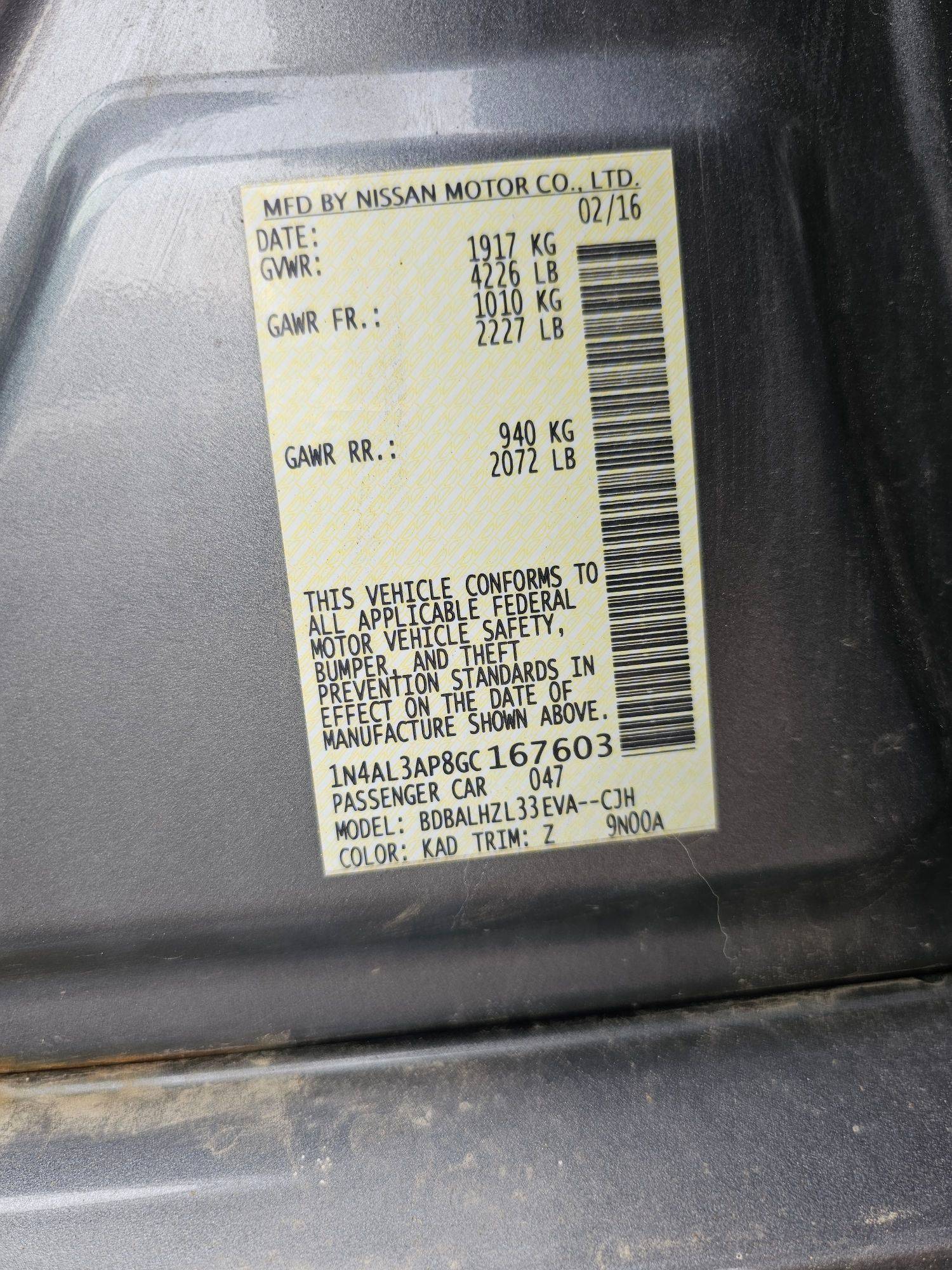 2016 NISSAN ALTIMA — 173289 Miles — Lot P8GC167603 — Souq - Marhaba Auctions Used Cars - Image 9
