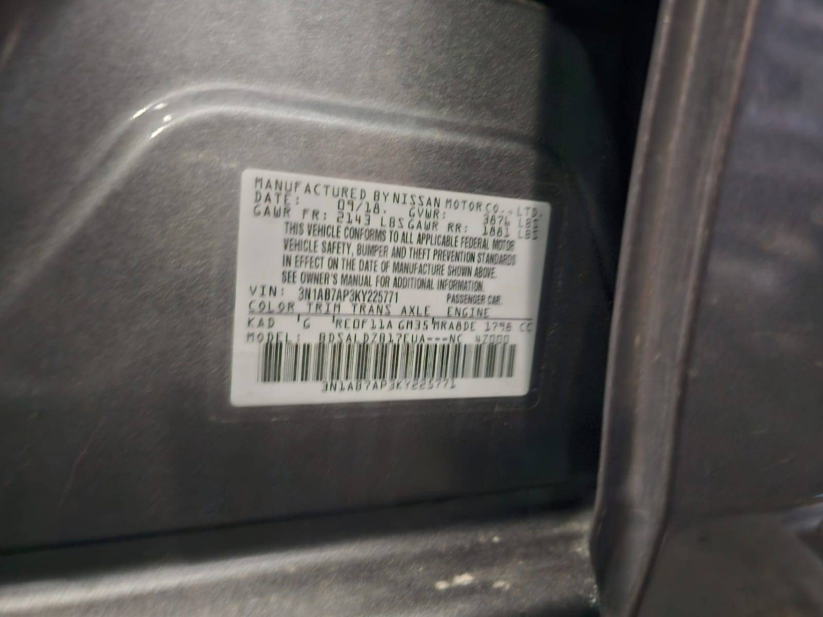 2019 NISSAN SENTRA — 159688 Miles — Lot 225771 — Main - Marhaba Auctions Used Cars - Image 9