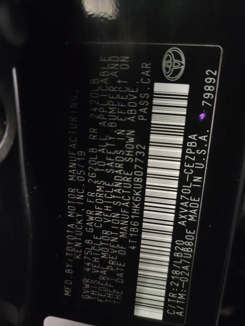 2019 TOYOTA CAMRY — 106135 Miles — Lot U807732 - Marhaba Auctions Used Cars - Image 3