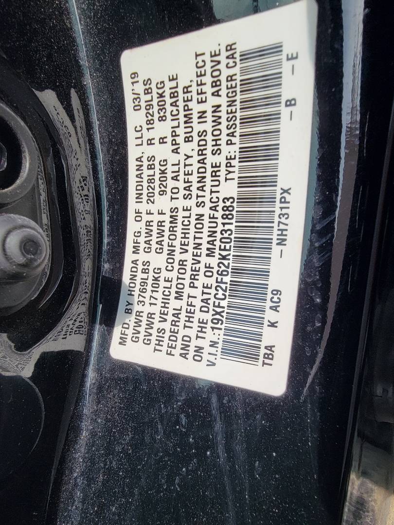 2019 HONDA CIVIC — 70796 Miles — Lot E031883 - Marhaba Auctions Used Cars - Image 10