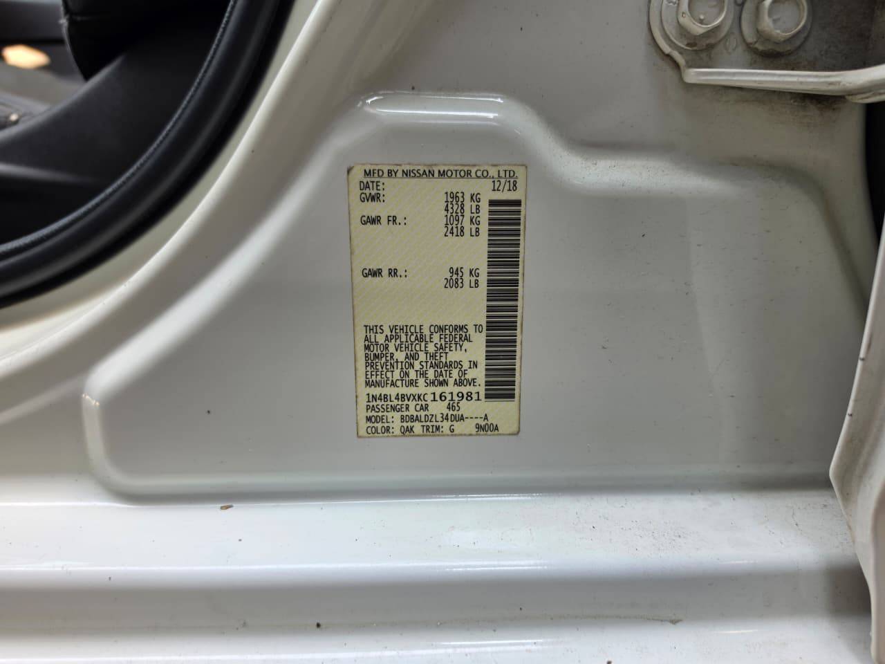 2019 NISSAN ALTIMA — 131117 Miles — Lot 45617357 - Marhaba Auctions Used Cars - Image 8