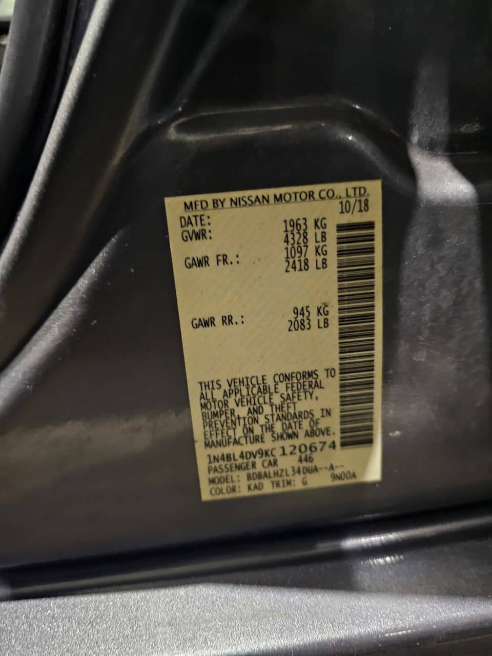 2019 NISSAN ALTIMA — 63585 Miles — Lot 43824121 — Al Sajaa - Marhaba Auctions Used Cars - Image 5