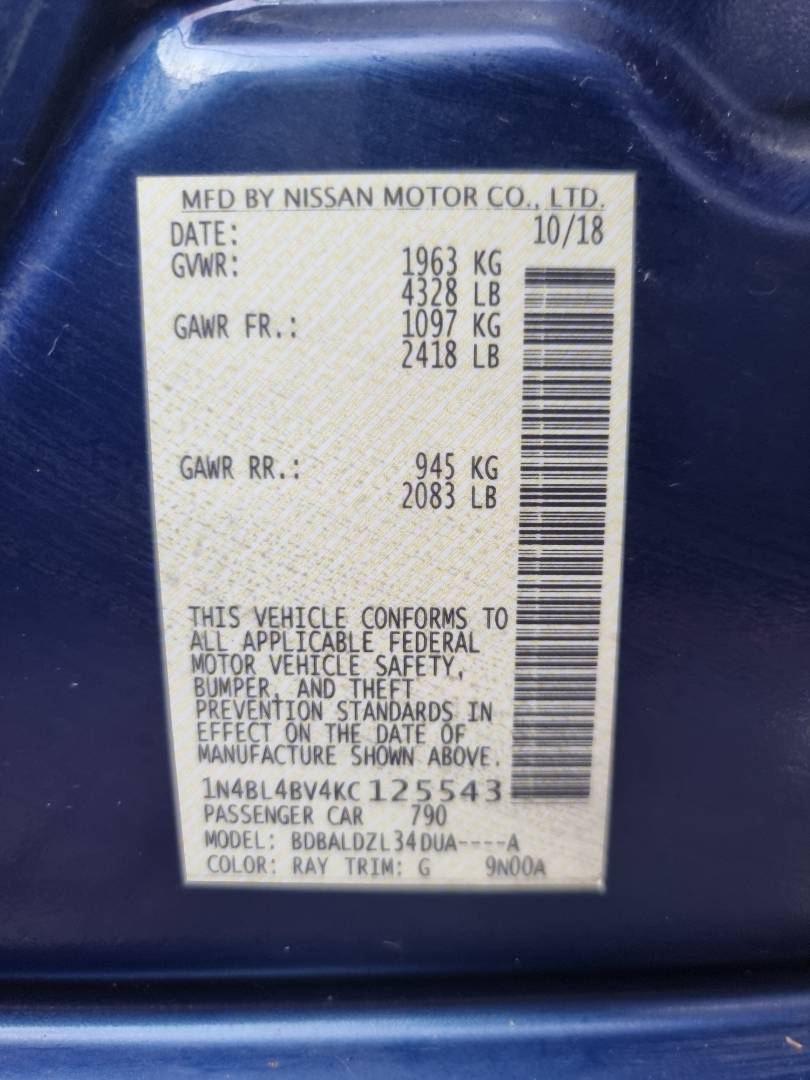 2019 NISSAN ALTIMA — 165519 Miles — Lot 1254789 — Ind. 12 - Marhaba Auctions Used Cars - Image 9