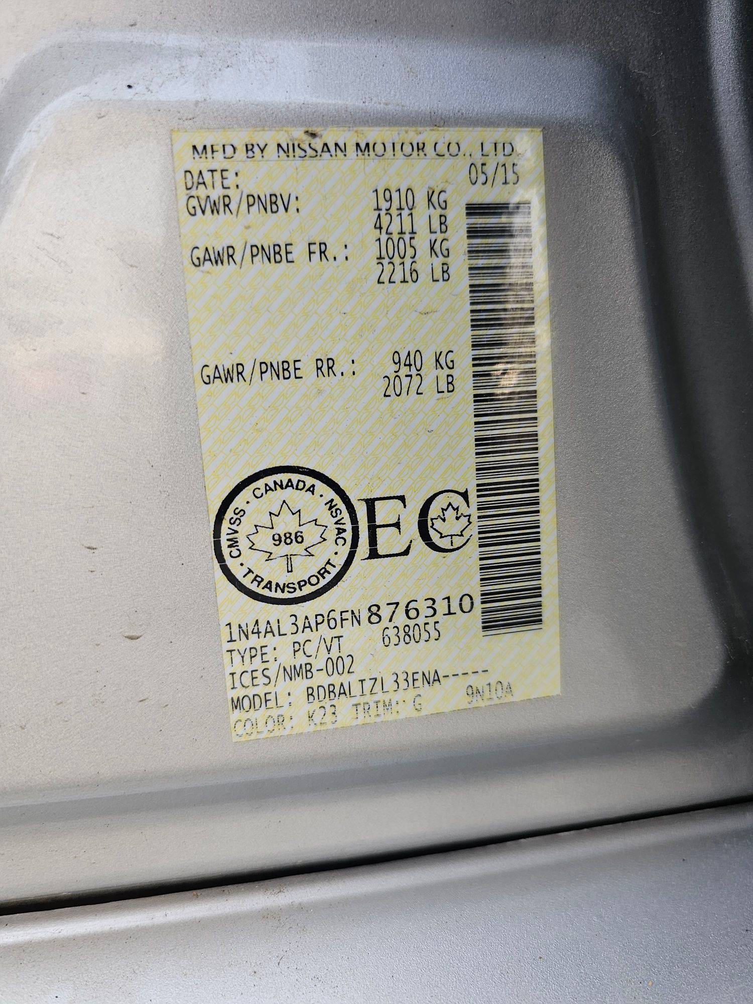 2015 NISSAN ALTIMA — 222115 KM — Lot P6FN876310 — Souq - Marhaba Auctions Used Cars - Image 8