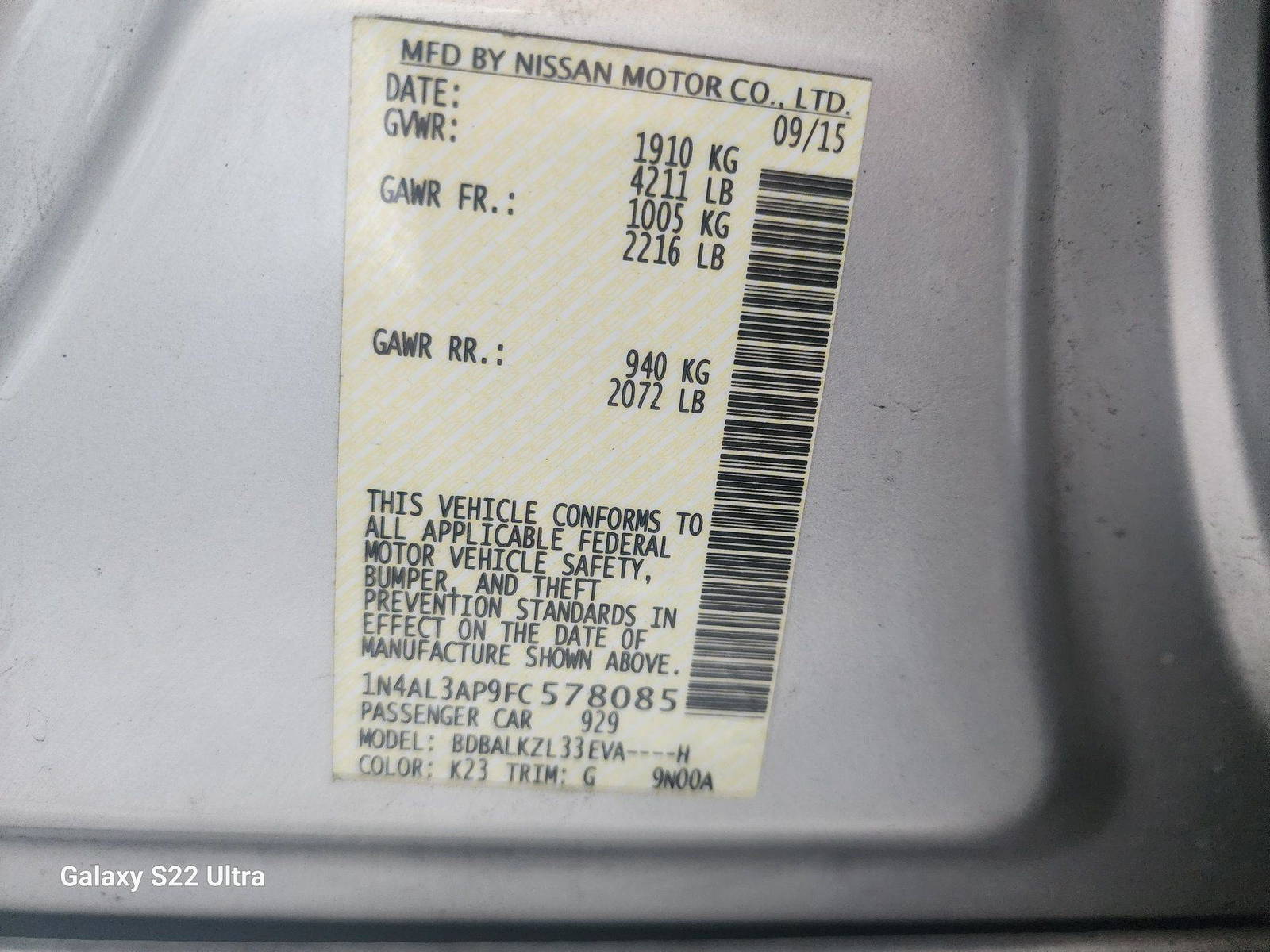 2015 NISSAN ALTIMA — 148570 Miles — Lot 38316151 - Marhaba Auctions Used Cars - Image 9