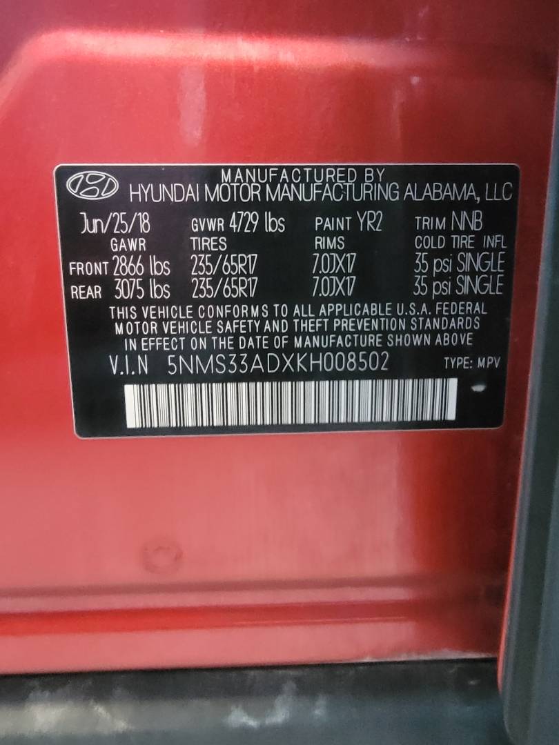 2019 HYUNDAI SANTA FE — 93320 Miles — Lot 008502 — Main - Marhaba Auctions Used Cars - Image 10
