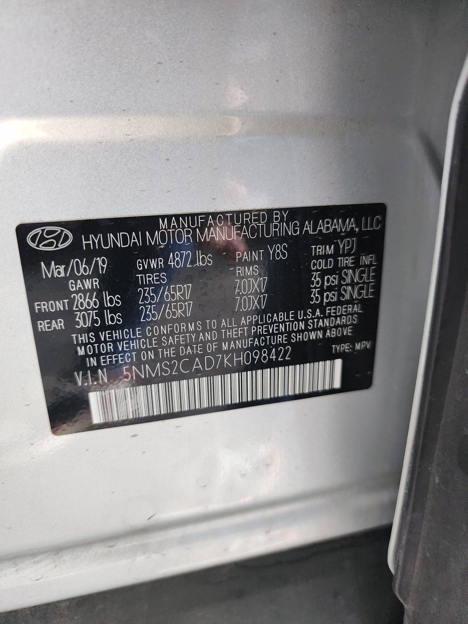 2019 HYUNDAI SANTA FE — 112422 Miles — Lot 98422 — Souq - Marhaba Auctions Used Cars - Image 9