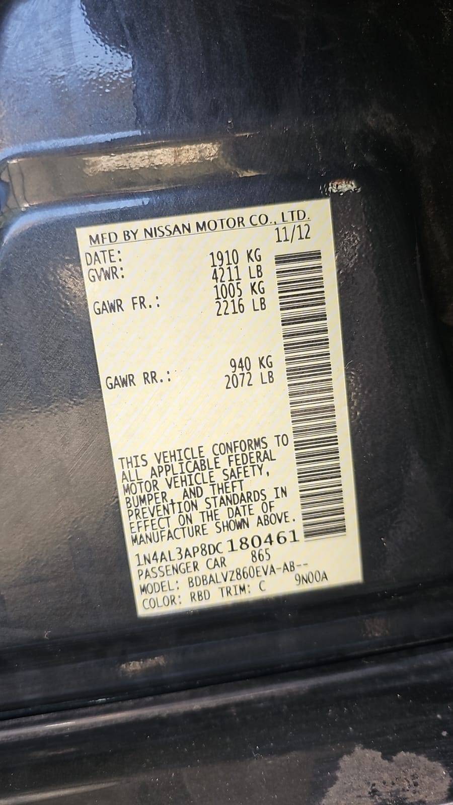 2013 NISSAN ALTIMA — 159760 Miles — Lot C180461 — Souq - Marhaba Auctions Used Cars - Image 6