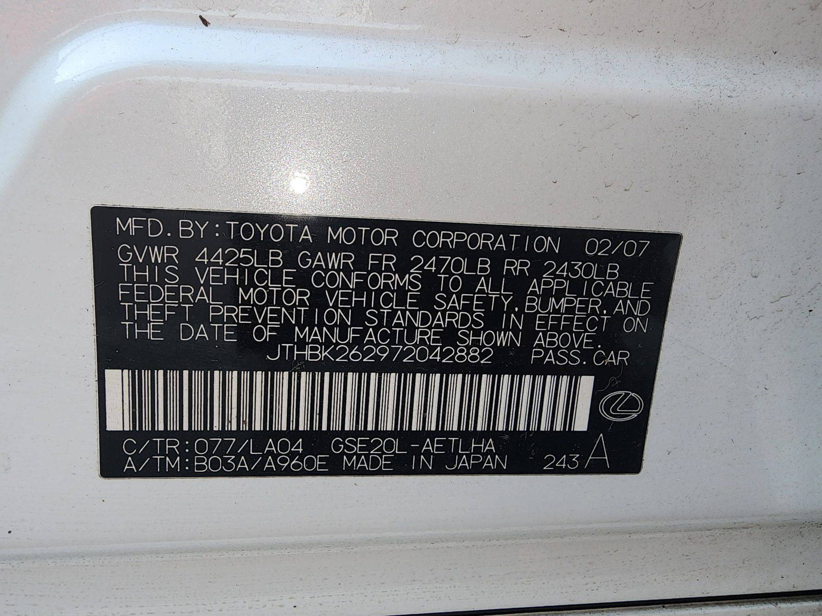2007 LEXUS IS 250 — 227950 Miles — Lot 42882 — Souq - Marhaba Auctions Used Cars - Image 9