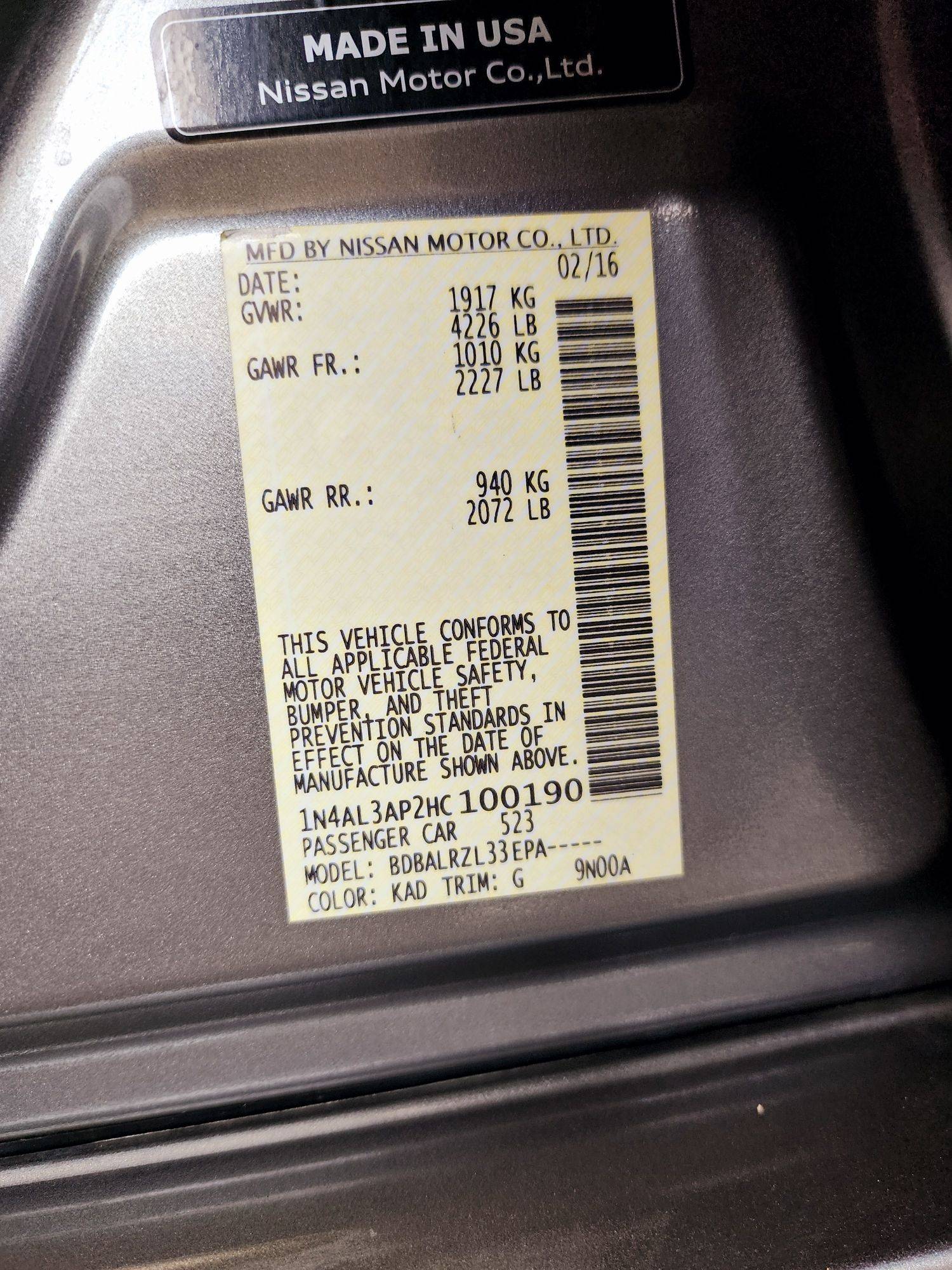 2017 NISSAN ALTIMA — 134333 KM — Lot 100190 — Souq - Marhaba Auctions Used Cars - Image 10