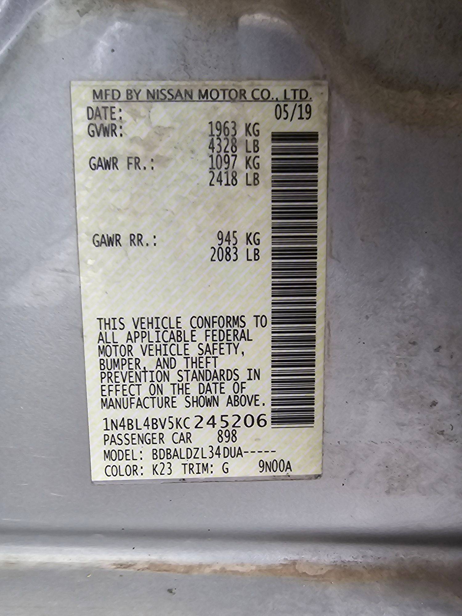 2019 NISSAN ALTIMA — 199335 Miles — Lot 245206 — Souq - Marhaba Auctions Used Cars - Image 9
