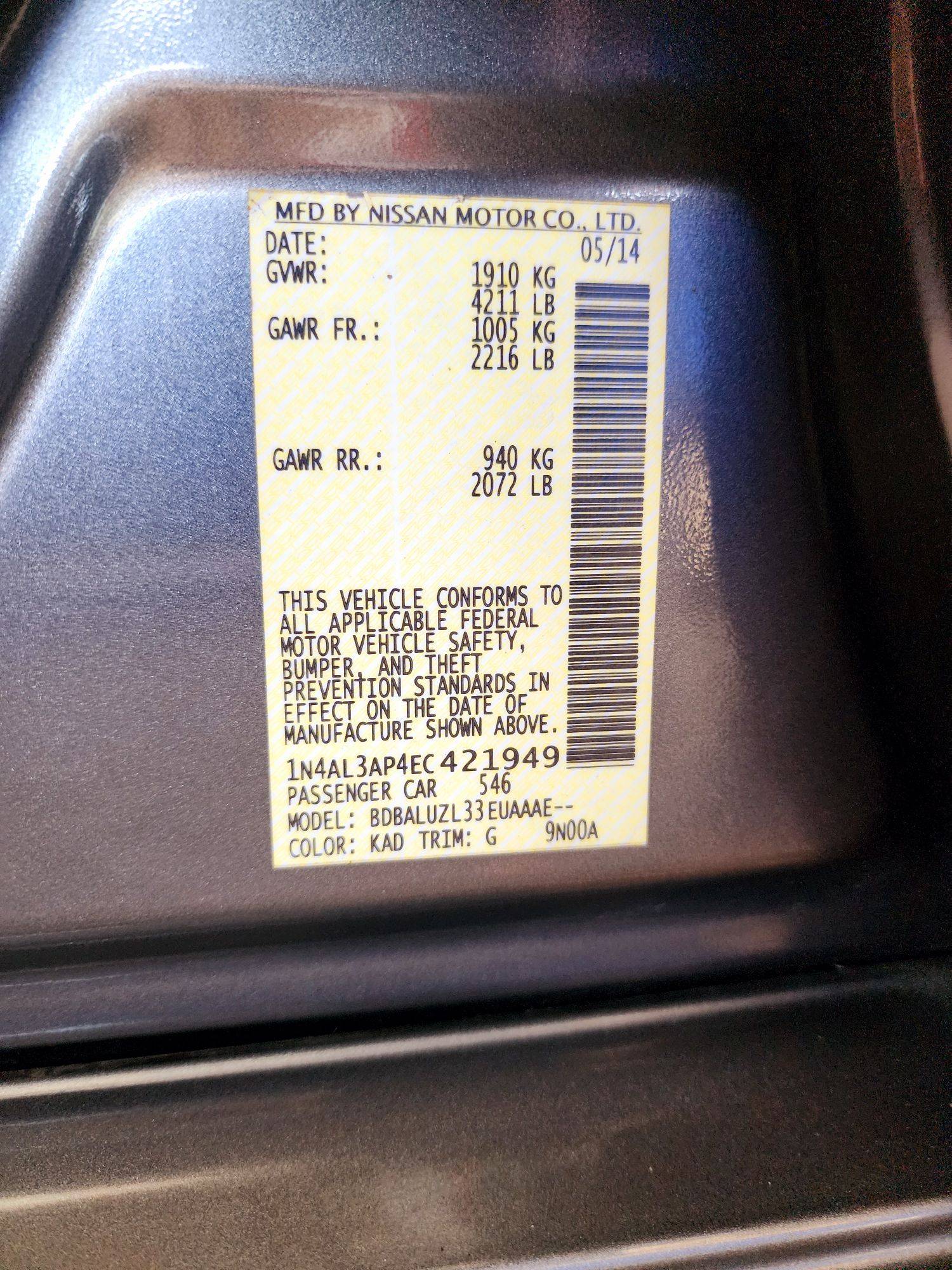 2014 NISSAN ALTIMA — 147666 Miles — Lot 4EC421949 — Souq - Marhaba Auctions Used Cars - Image 9