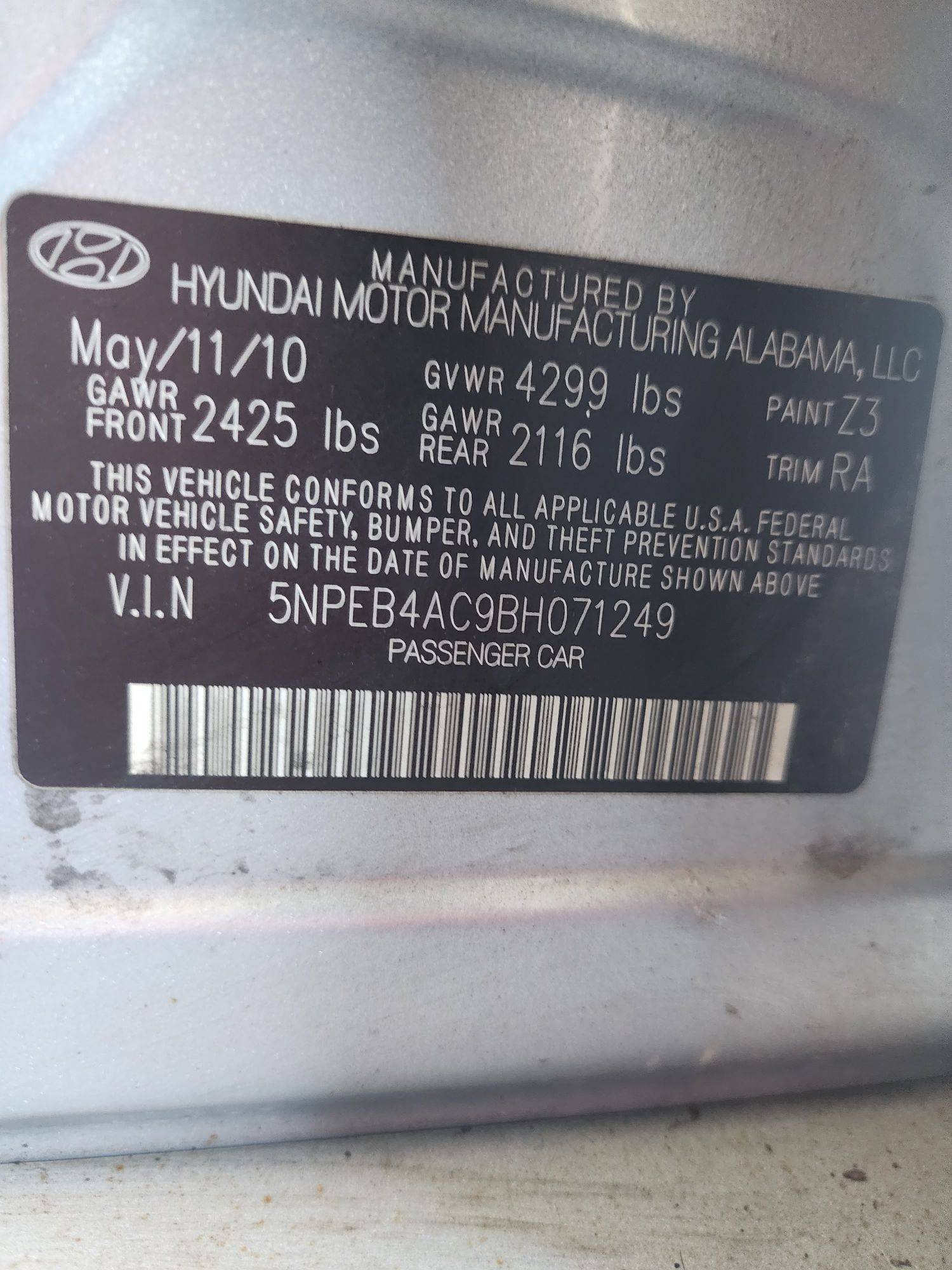 2011 HYUNDAI SONATA — 209878 Miles — Lot 54057303 - Marhaba Auctions Used Cars - Image 3