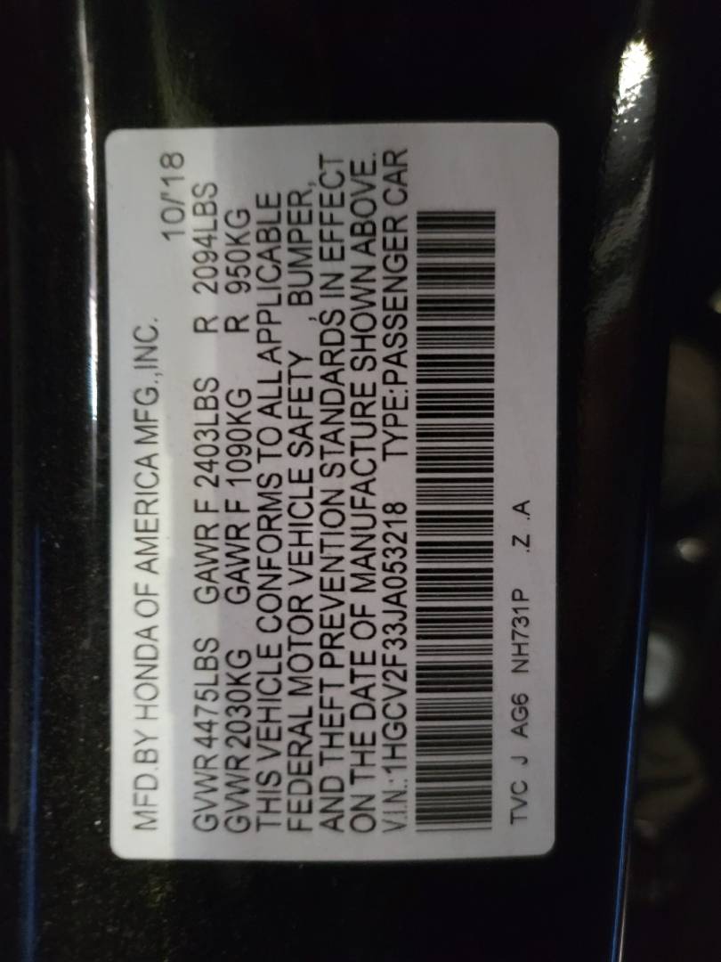 2018 HONDA ACCORD — 50560 Miles — Lot 053218 - Marhaba Auctions Used Cars - Image 9