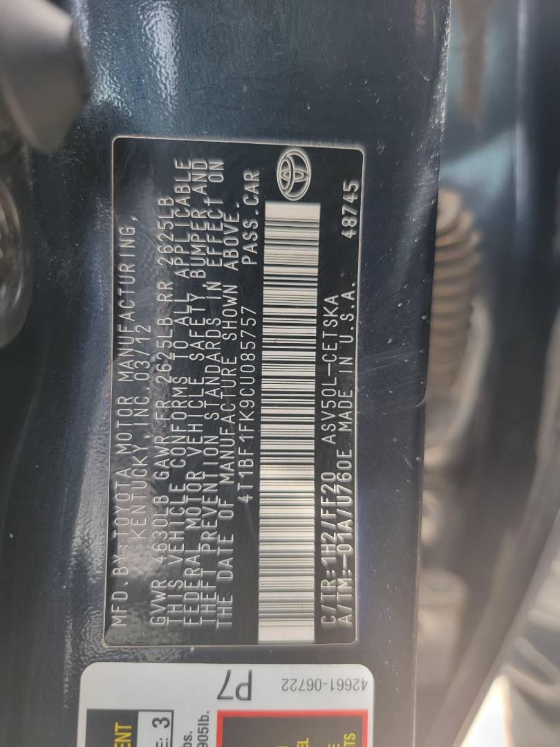 2012 TOYOTA CAMRY — 205094 Miles — Lot U085757 - Marhaba Auctions Used Cars - Image 8