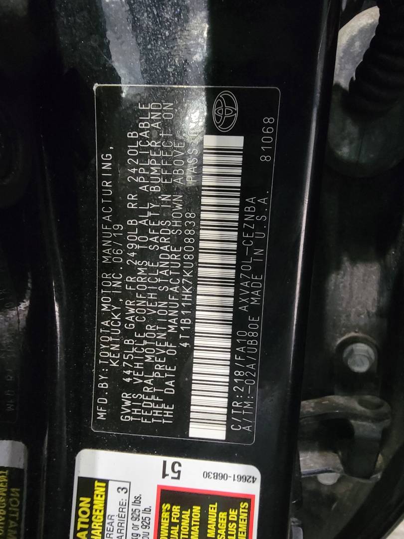 2019 TOYOTA CAMRY — 106135 Miles — Lot 808838 — Main - Marhaba Auctions Used Cars - Image 9