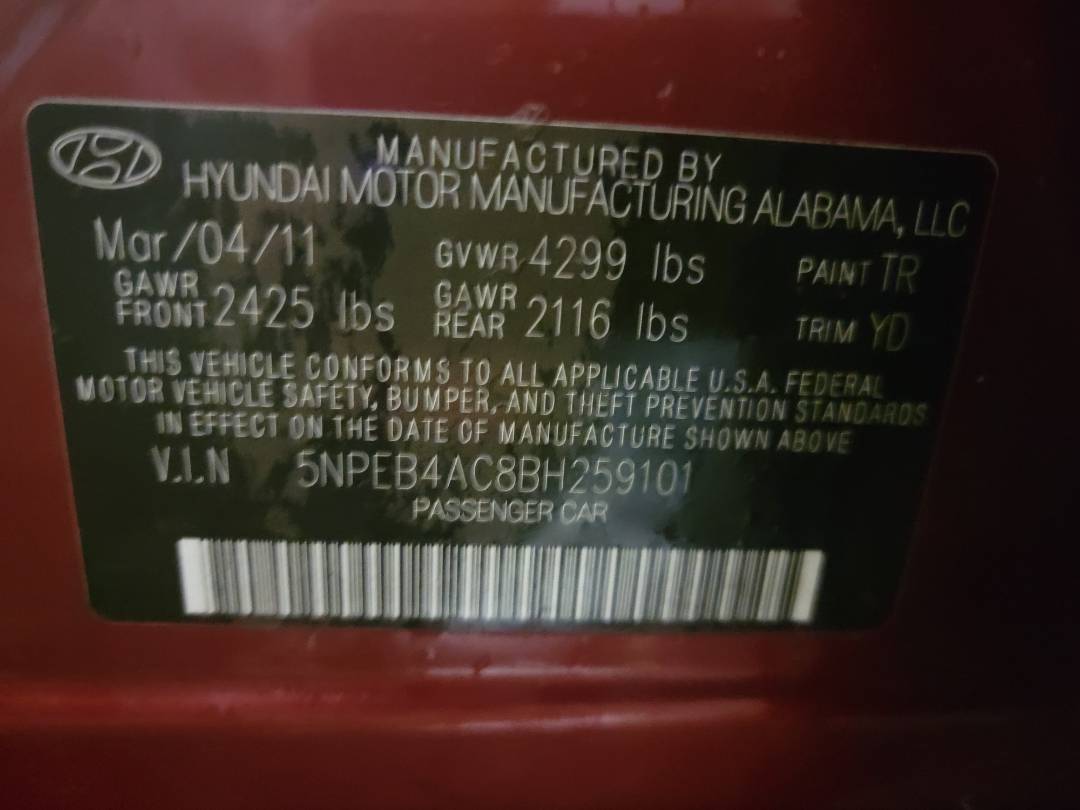 2011 HYUNDAI SONATA — 107253 Miles — Lot H259101 - Marhaba Auctions Used Cars - Image 9