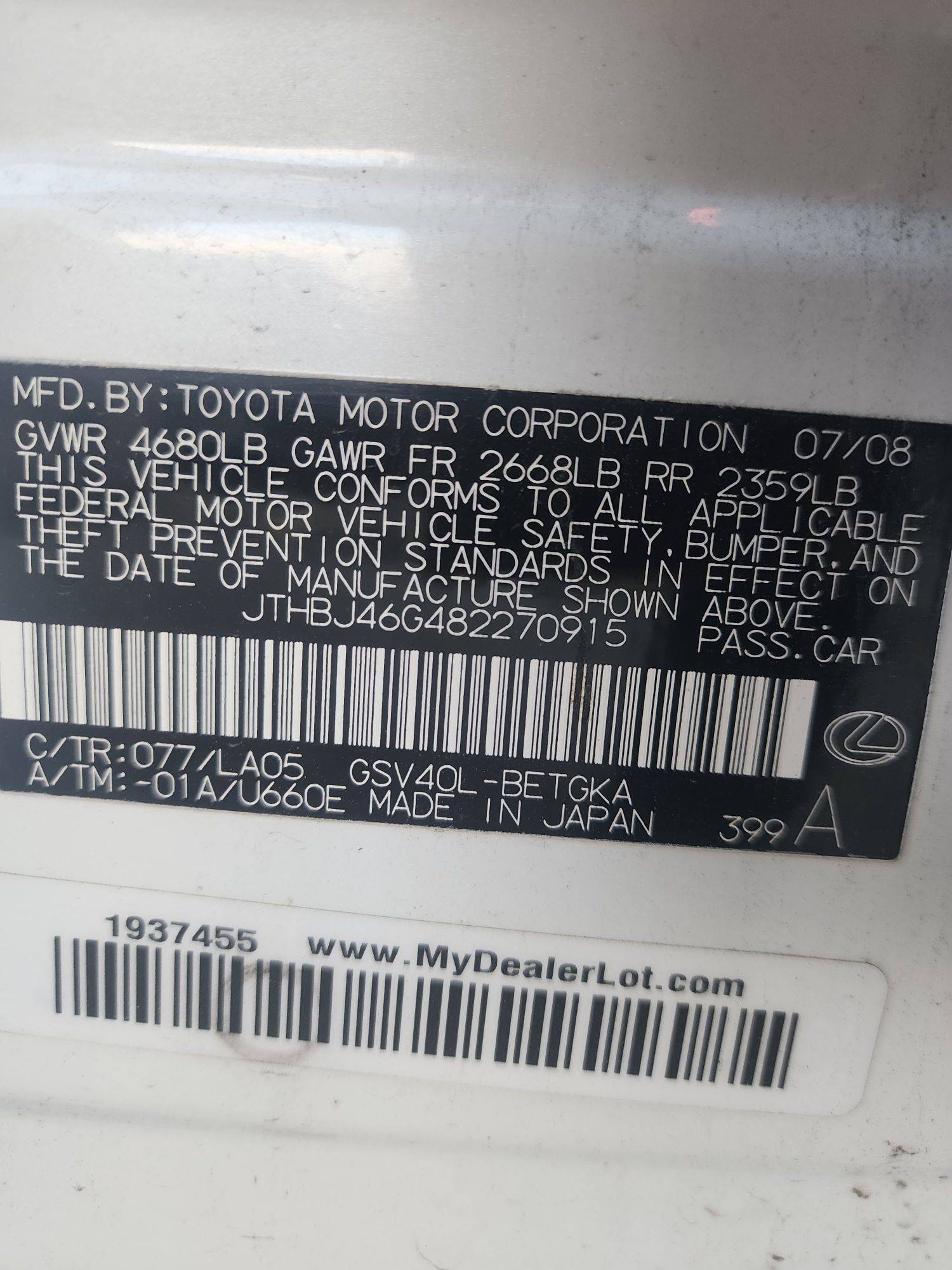 2008 LEXUS ES 350 — 150534 Miles — Lot 69399583 - Marhaba Auctions Used Cars - Image 3